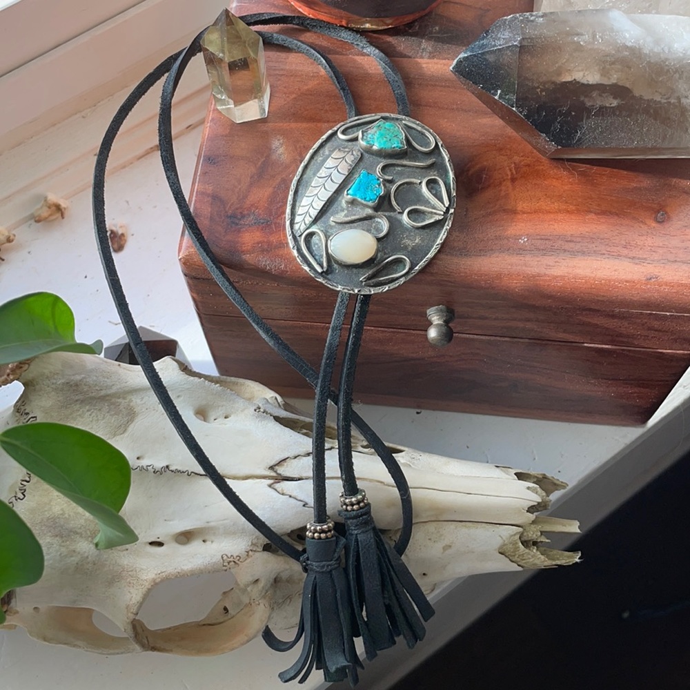 Silver turquoise genuine leather bolo